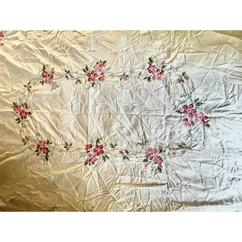 Beige Floral Embroidered Tablecloth 67" X 49" Pink & Blue Cross-Stitch VTG - Picture 5 of 13